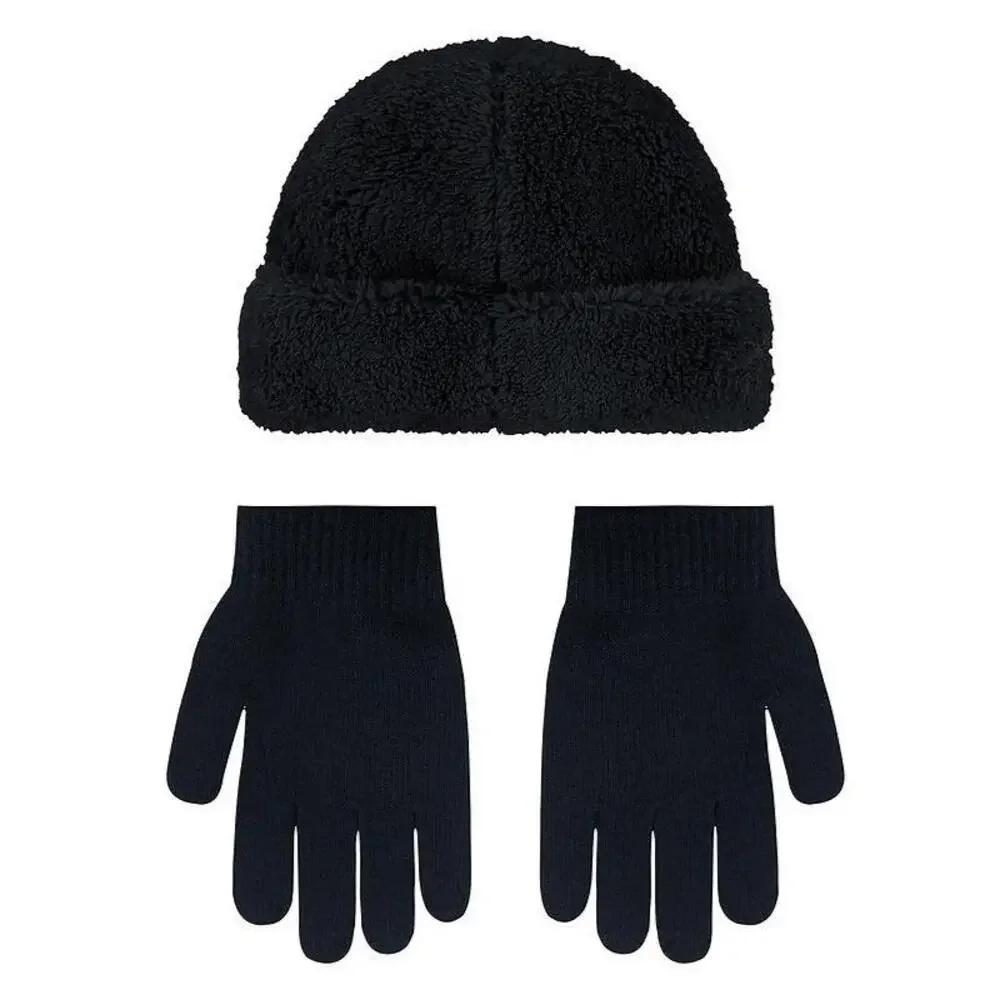 Nike Cozy Peak Beanie and Gloves Kids Black Sherpa Lined 2-Piece Hat Set SRT448